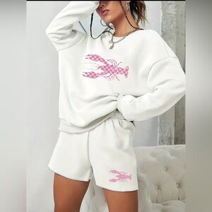 Chic White Lobster Print Sweatshirt and Shorts Set in Pink Check